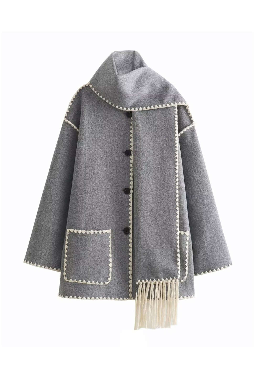 Noir Contrast Fringe Scarf Coat