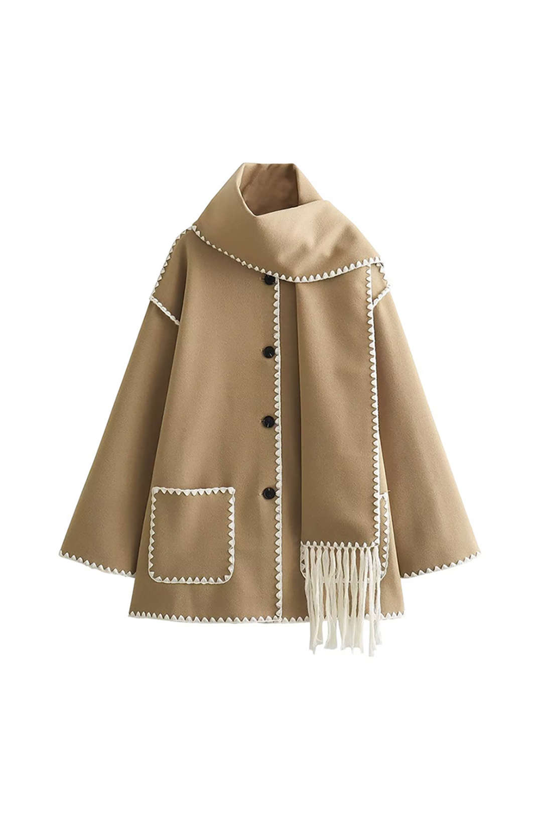 Noir Contrast Fringe Scarf Coat