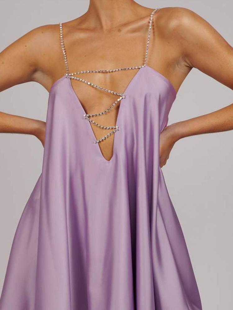 Satin Mini Dress Crystal Chain Detail