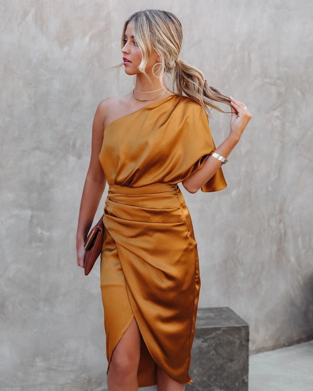 Selvina Asymmetrical Drape Midi Dress