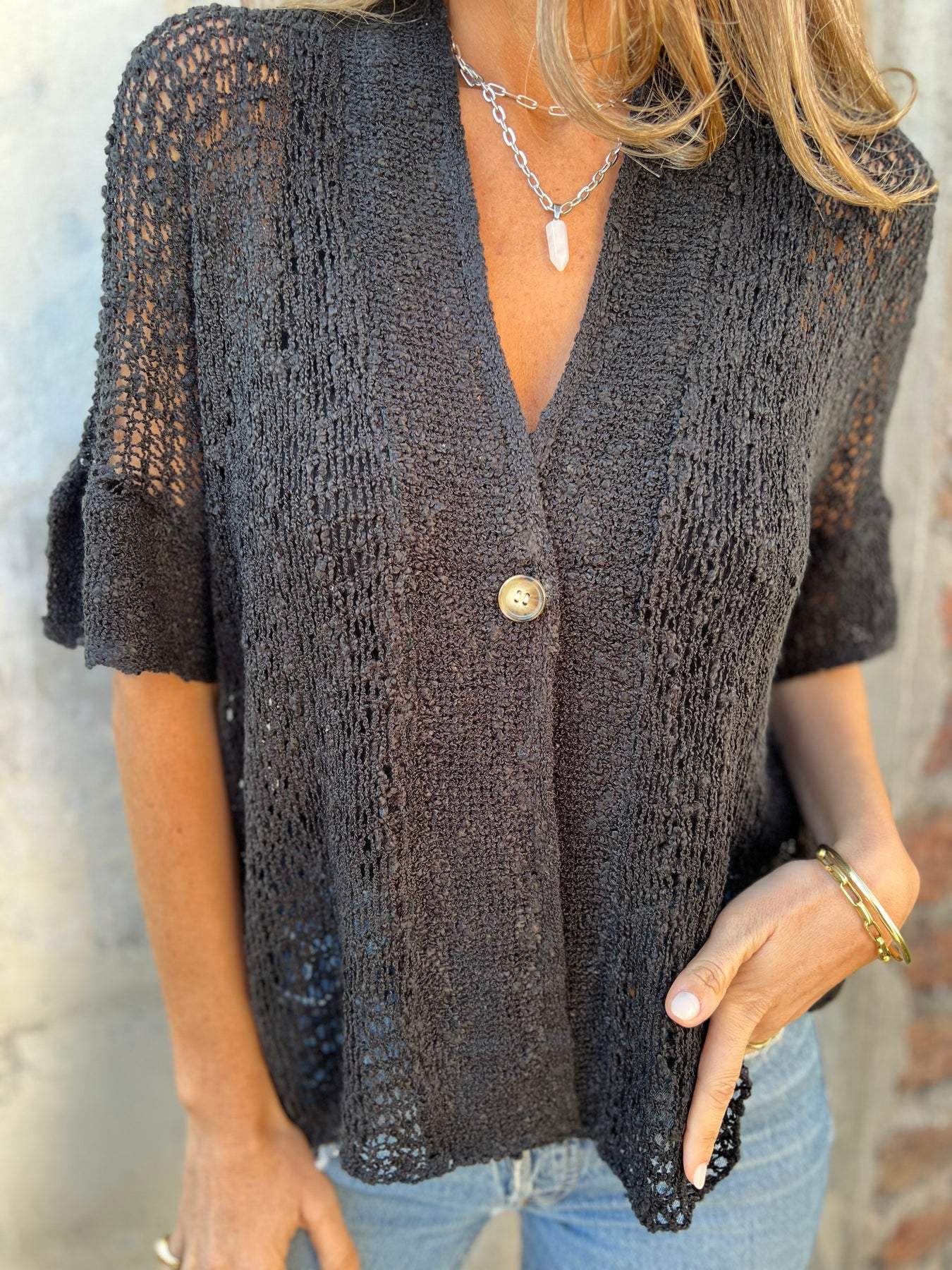 Golden Drift Open-Knit Blouse