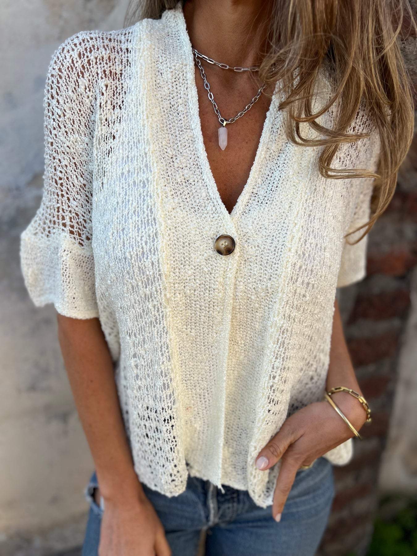 Golden Drift Open-Knit Blouse