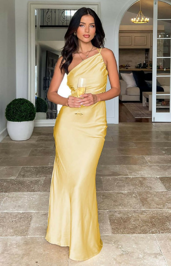 Gold One-Shoulder Satin Maxi Dress