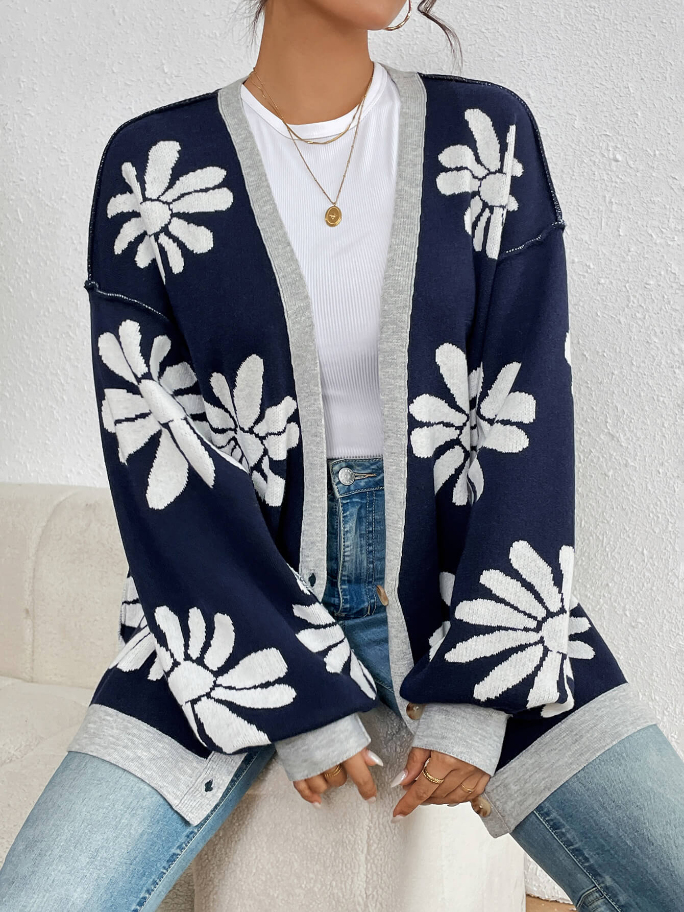 Navy Sunburst Bloom Knit Cardigan