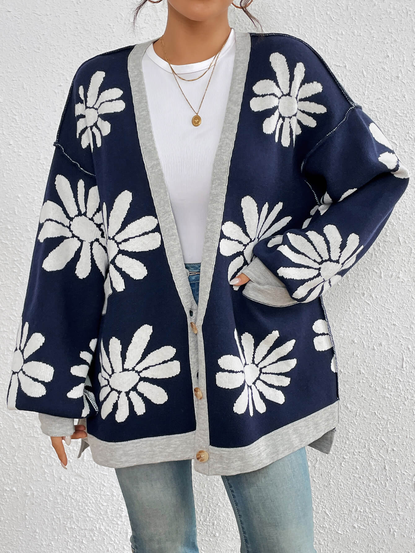 Navy Sunburst Bloom Knit Cardigan