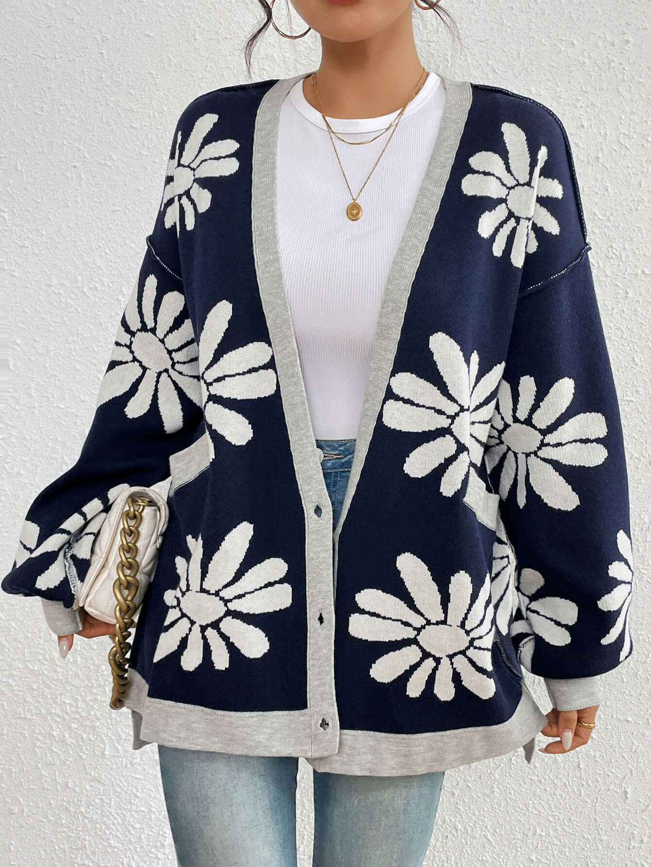 Navy Sunburst Bloom Knit Cardigan
