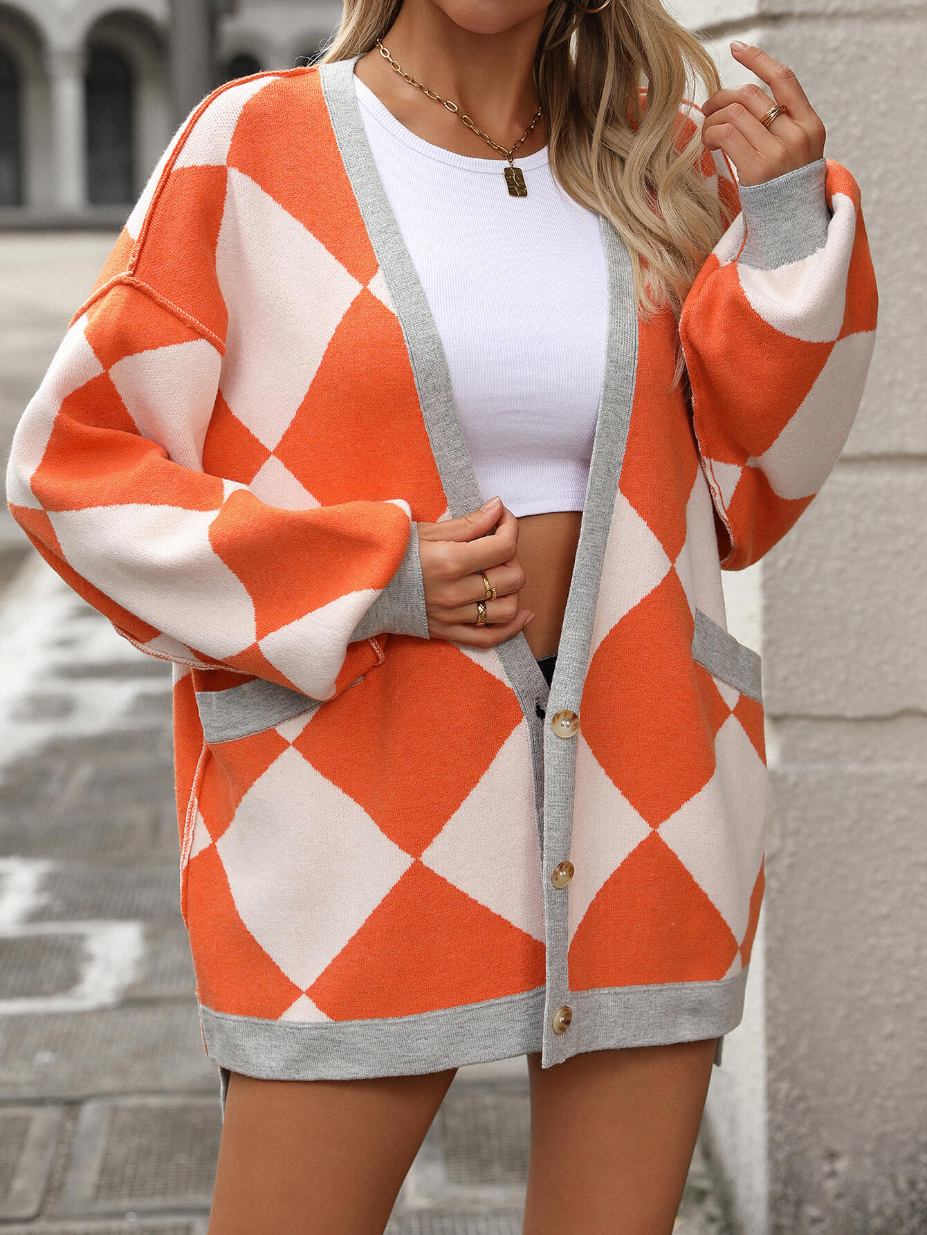 Orange Harlequin Edge Oversized Cardigan