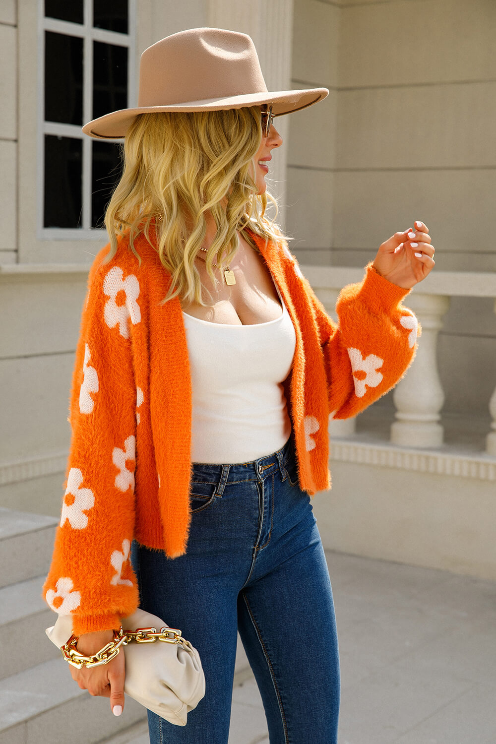 Orange Bloom Fuzzy Knit Cardigan