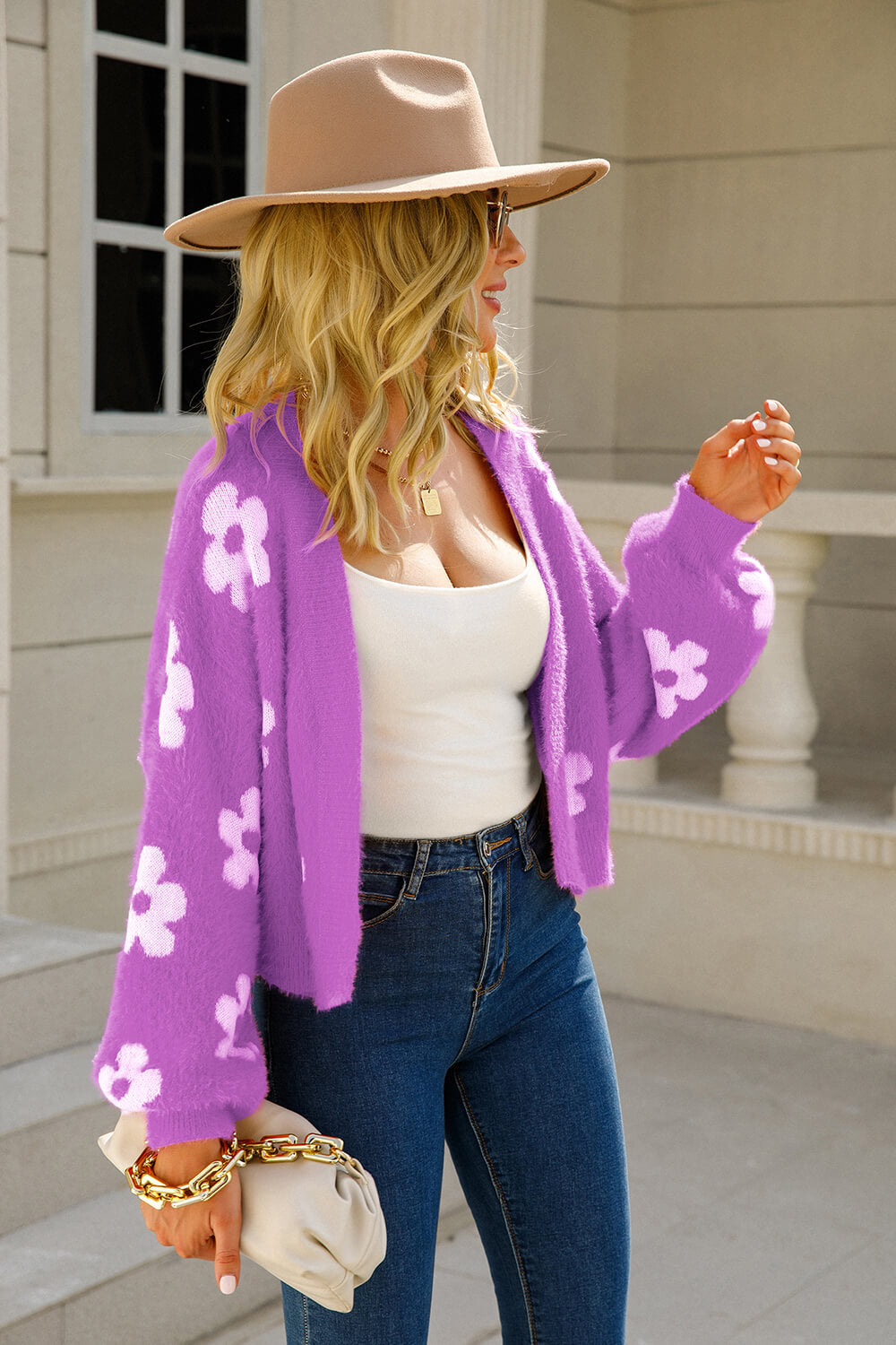 Purple Bloom Fuzzy Knit Cardigan