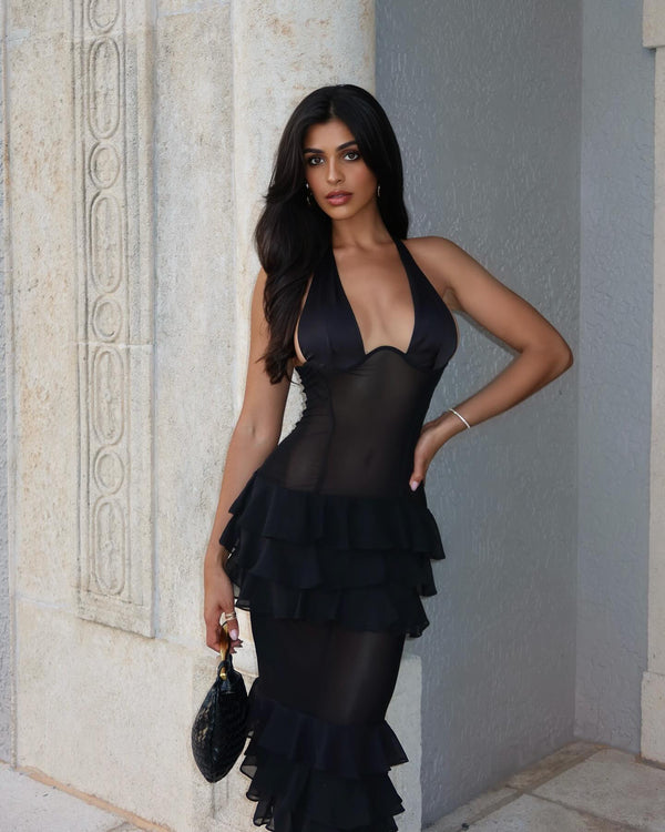 Selena Sheer Ruffle Halter Maxi Dress