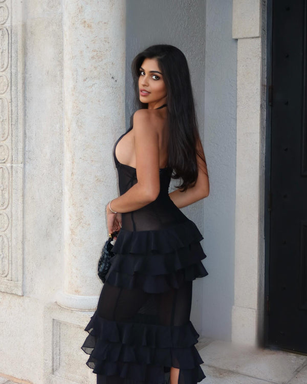 Selena Sheer Ruffle Halter Maxi Dress