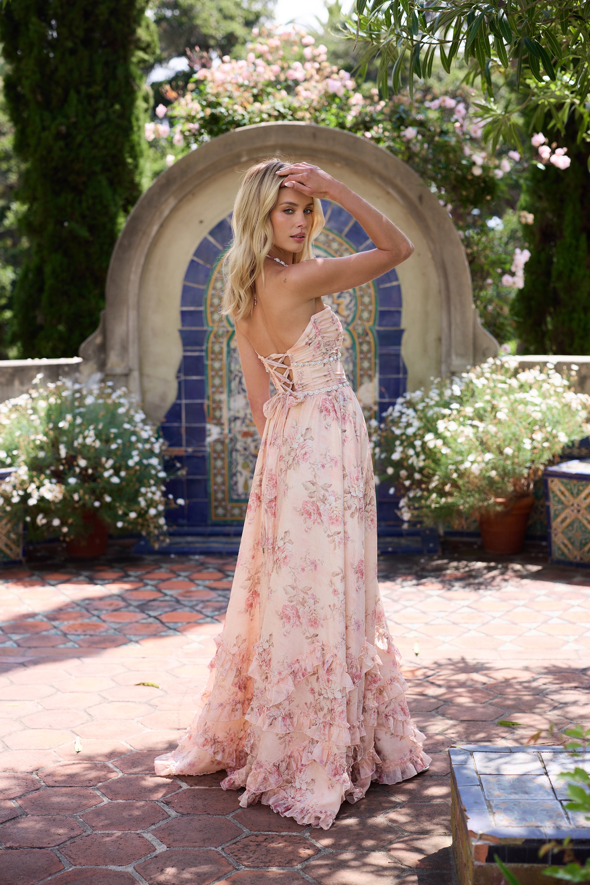 Pink Blossomveil Pearl Trim Maxi Dress