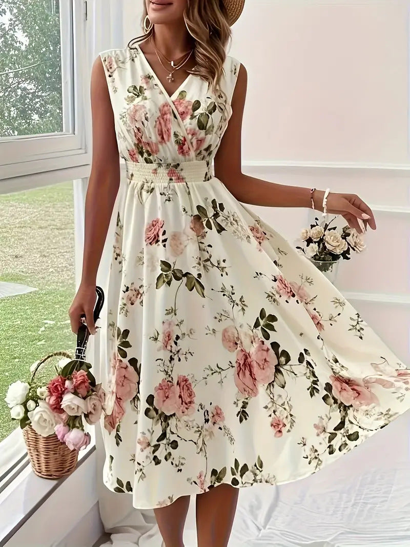 Women's Floral Midi Dress - V-Neck - Sleeveless - Elegant Floral Pattern