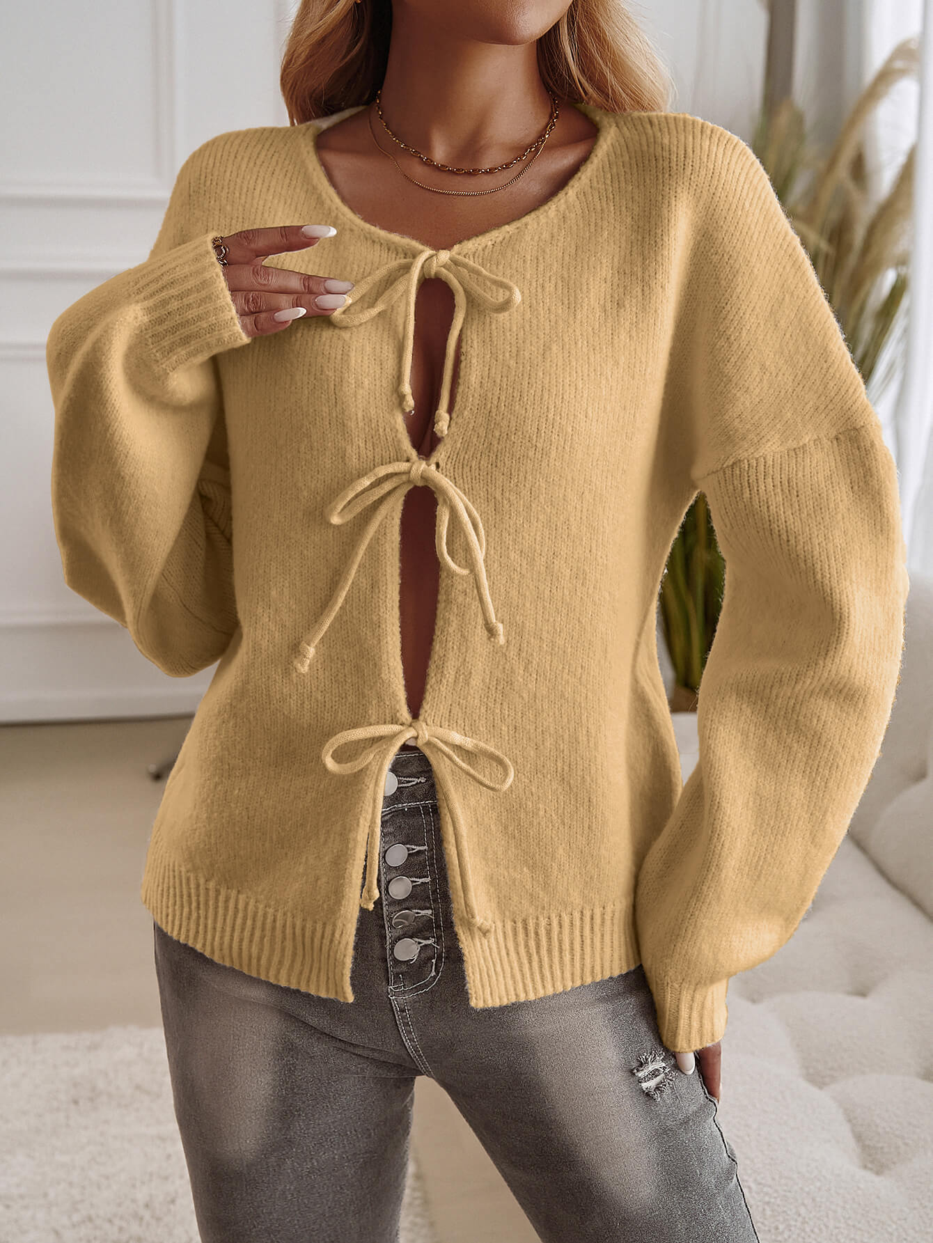 Yellow Midnight Muse Tie-Front Cardigan